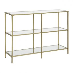 Mesa de consola dorada moderna, 3 estantes de vidrio templado