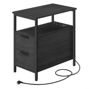 Mesa auxiliar multifuncional con multienchufe, 2 cajones, gris ahumado