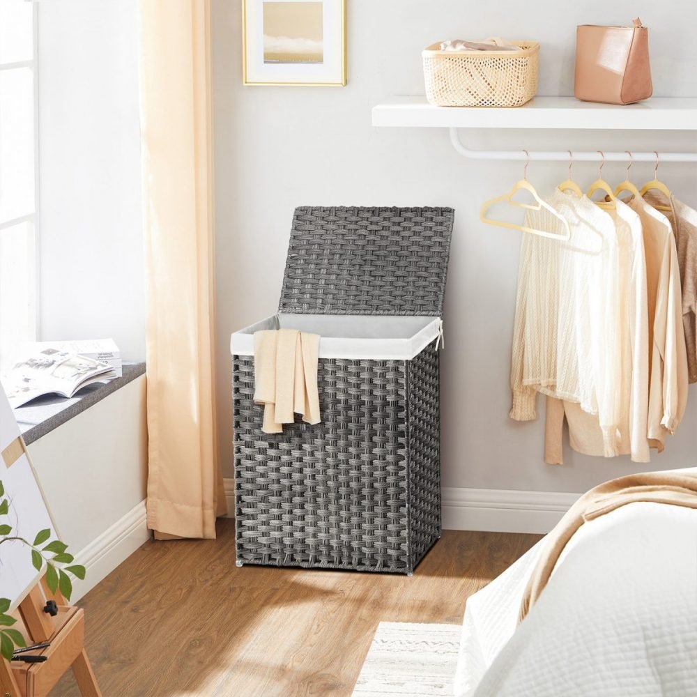 Cesto de ropa sucia tejido a mano 90l, ratán sintético, gris - Imagen 5