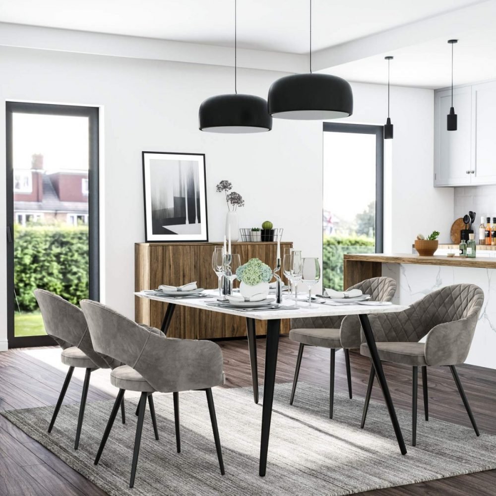 Silla de comedor de terciopelo gris, acolchada, con reposabrazos y patas - Imagen 7