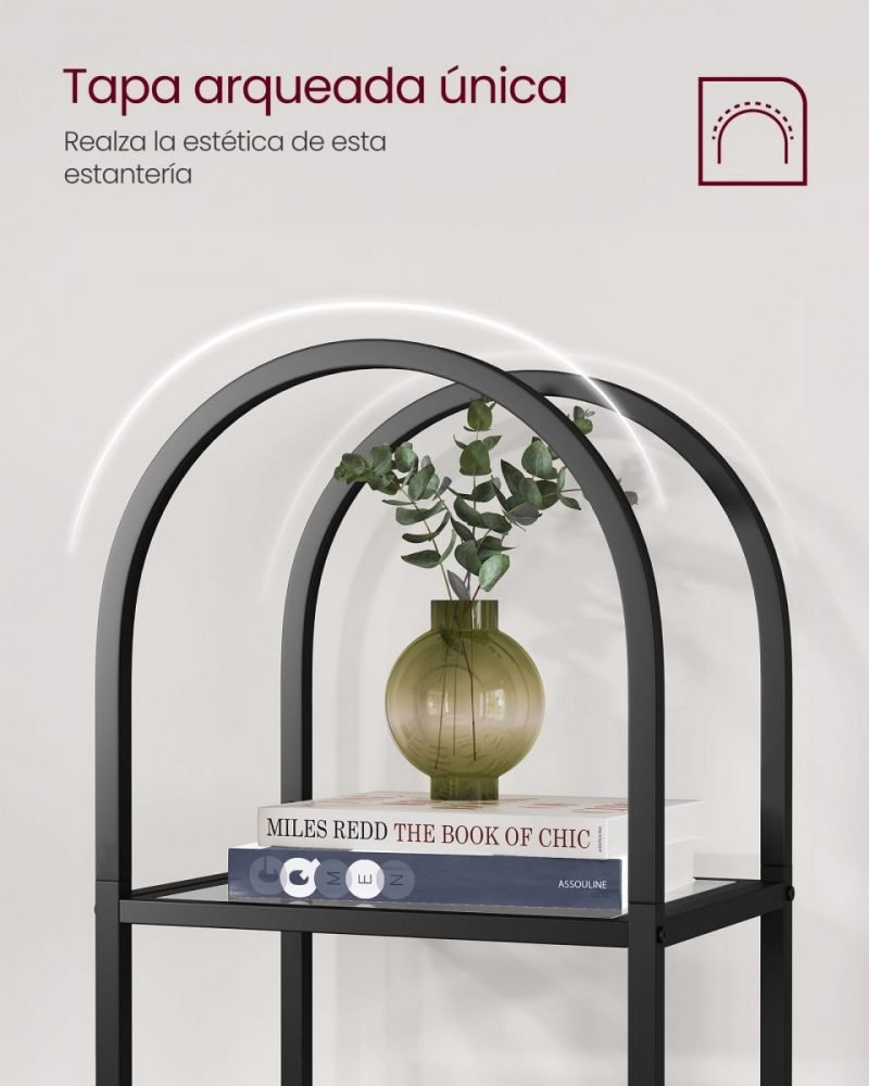 Estantería 5 niveles vidrio templado, diseño arqueado, negro - Imagen 5