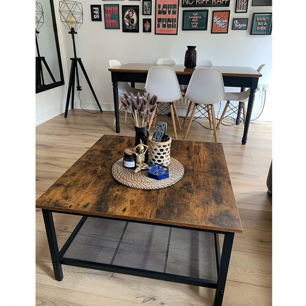 Mesa de centro industrial cuadrada con estante de malla, 80x80 cm - Imagen 4
