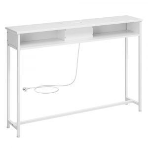 Mesa de consola delgada con multienchufe integrado, blanco nube
