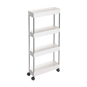 Carro de 4 estantes estrecho con ruedas, blanco