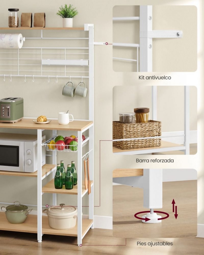 Estantería con isla de cocina, tira magnética y soporte rollos, roble dorado - Imagen 6