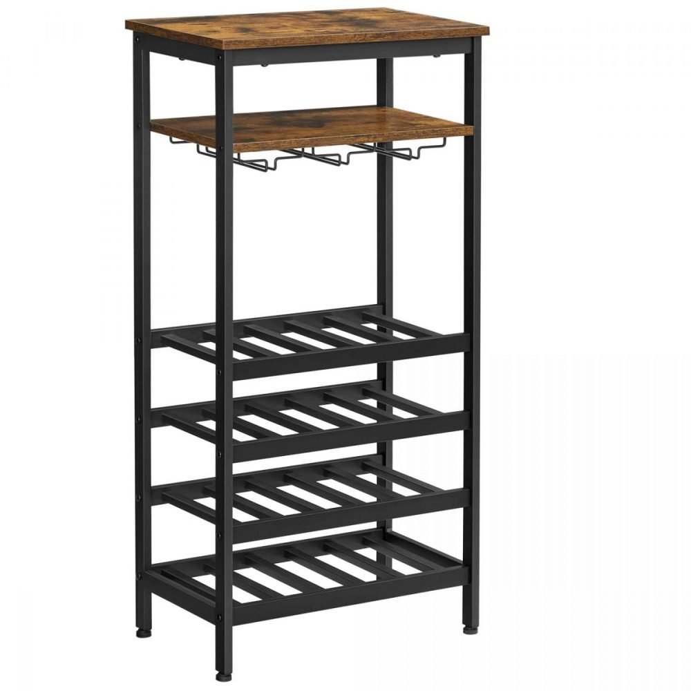 Estantería para 20 botellas con soporte de acero, marrón y negro