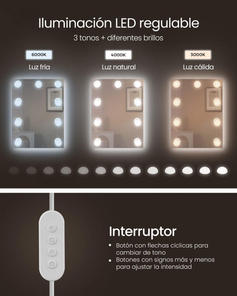 Tocador moderno con luces led ajustables, espejo y 2 cajones - Imagen 7
