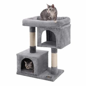 Árbol rascador para gatos con columnas de sisal, 2 viviendas, gris claro