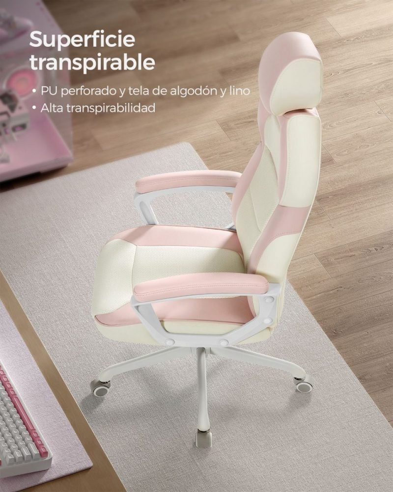 Silla gaming ajustable, respaldo reclinable, rosa jalea y beige - Imagen 3