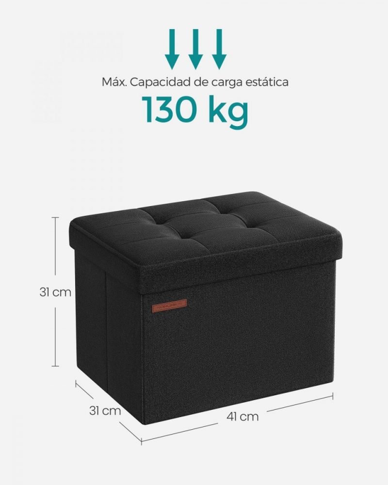 Taburete almacenaje con tapa, lino, negro - Imagen 6