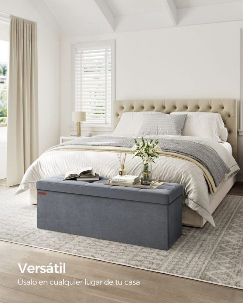 Banco almacenaje terciopelo, taburete reposapiés, gris pizarra - Imagen 2