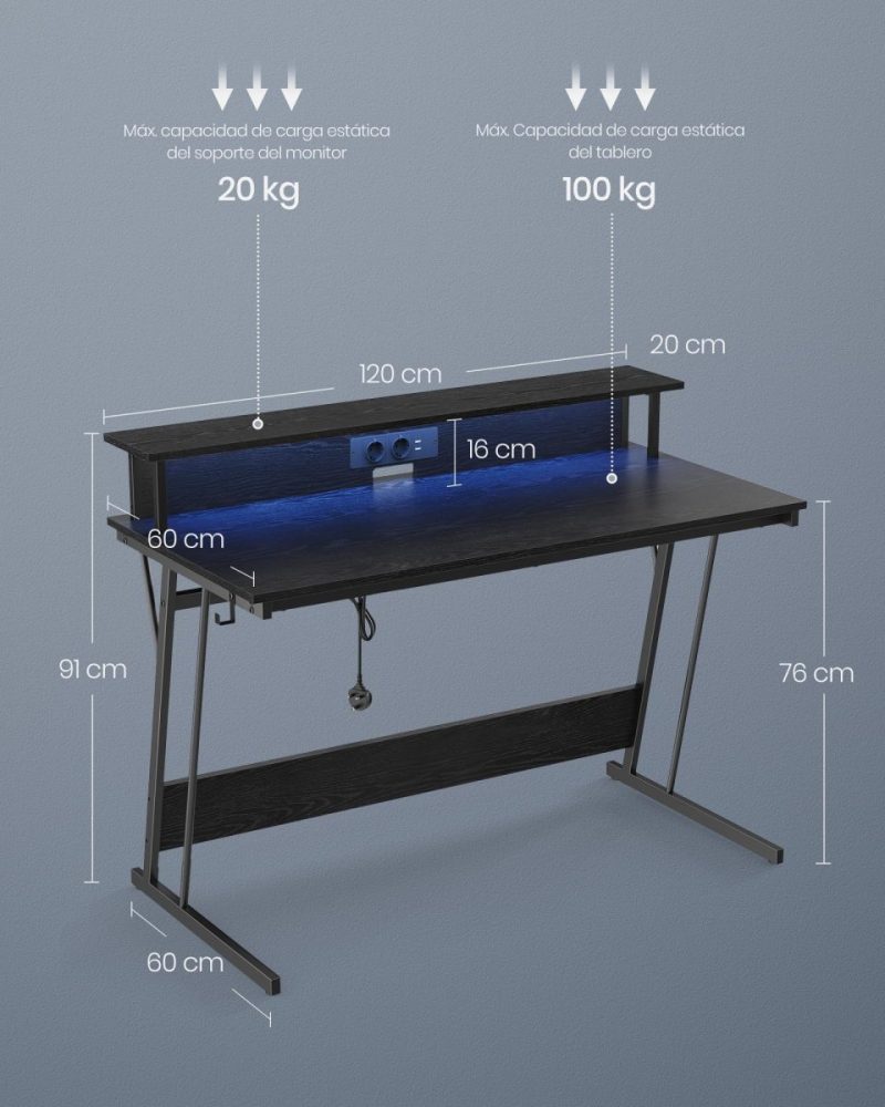 Escritorio gaming 120 cm con luz led y tomas de corriente - Imagen 2