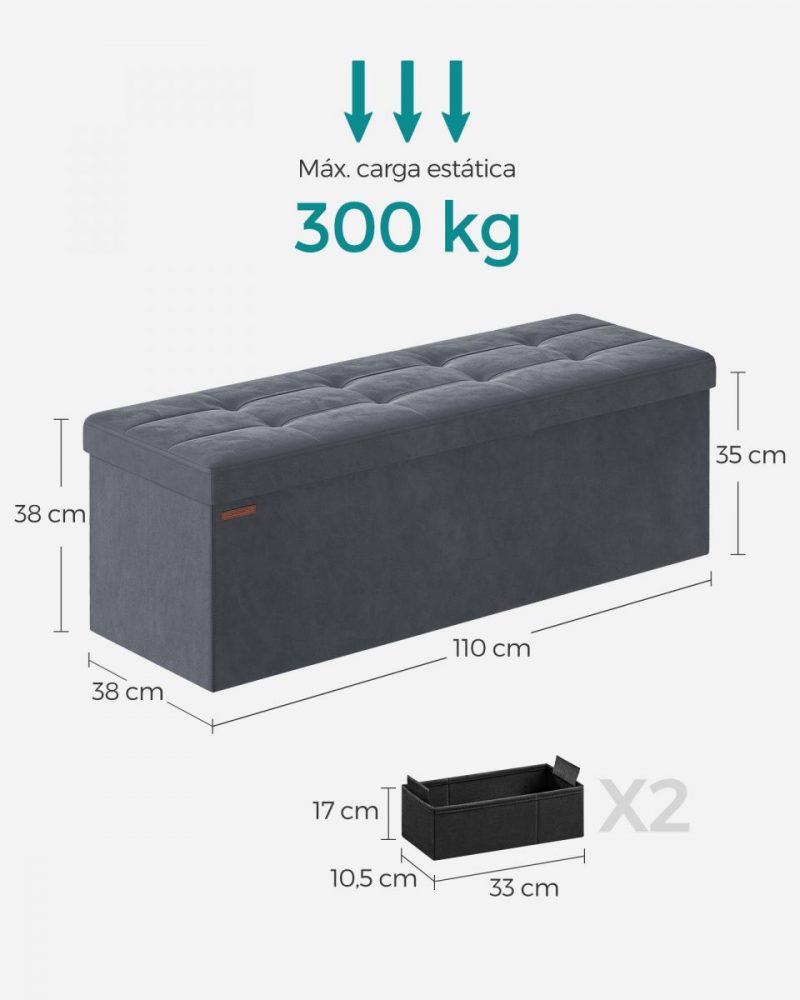 Banco almacenaje terciopelo, taburete reposapiés, gris pizarra - Imagen 6