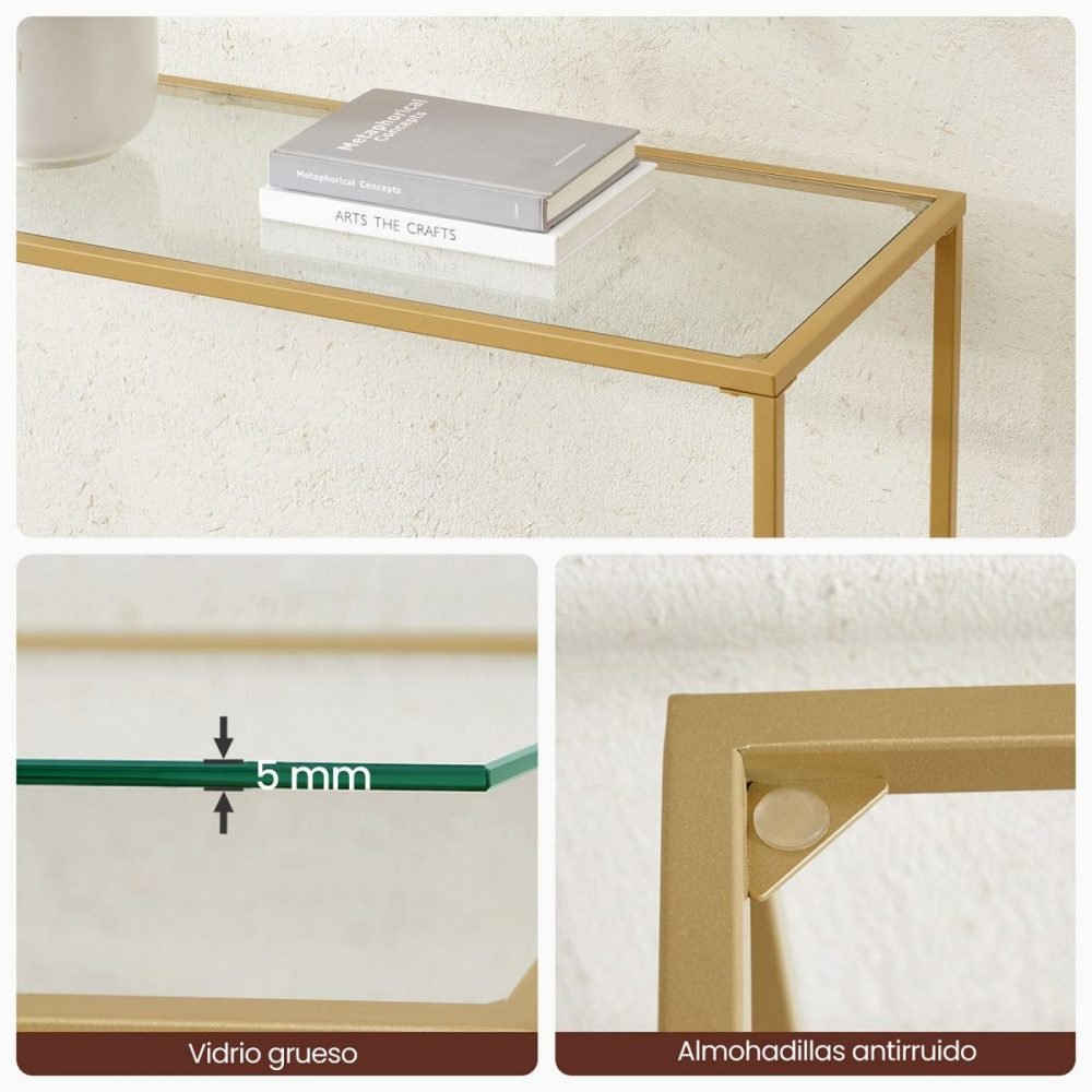 Mesa consola dorada con vidrio templado, patas ajustables - Imagen 7