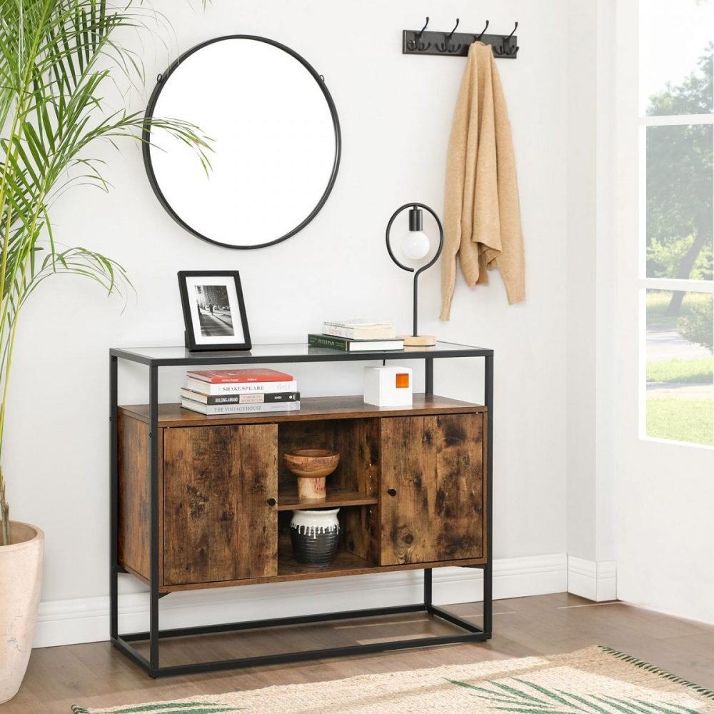 Mesa consola con cristal y compartimentos, marrón rústico - Imagen 4
