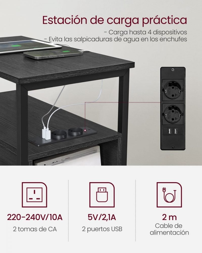 Mesa auxiliar multifuncional con multienchufe, 2 cajones, gris ahumado - Imagen 7