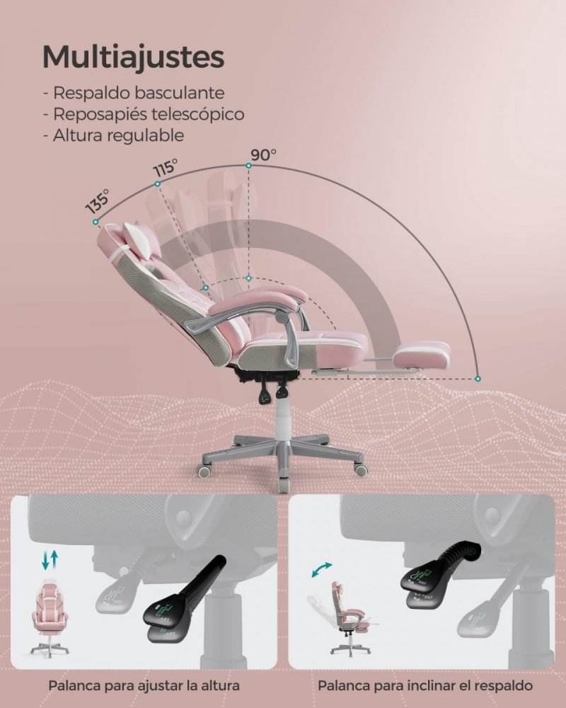 Silla oficina ergonómica, reposapiés extensible, rosa jalea - Imagen 5