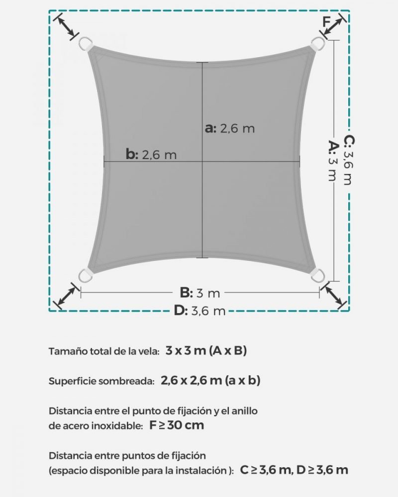 Vela sombra cuadrada 3x3m impermeable, terraza, jardín, gris claro - Imagen 8