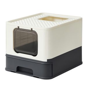 Arenero para gatos grandes con bandeja extraíble, beige y negro