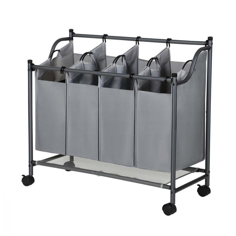 Carrito lavandería 4 bolsas extraíbles, ruedas, clasificador ropa, gris