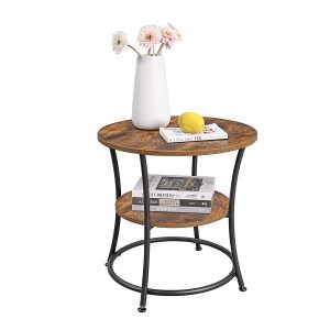 Mesa auxiliar redonda, doble estante, fácil montaje, estilo rústico marrón