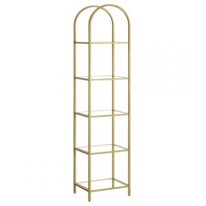 Estantería 5 niveles vidrio templado, diseño arqueado, dorado