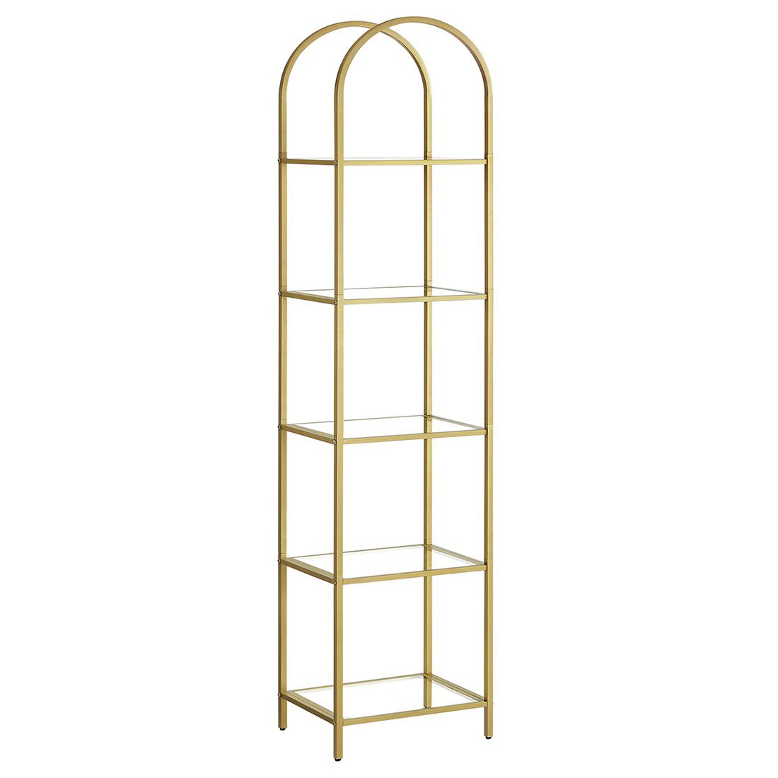 Estantería 5 niveles vidrio templado, diseño arqueado, dorado