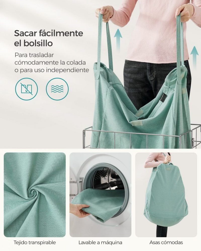 Cesto ropa sucia plegable 90l, bolsa extraíble, lavable, plata y verde menta - Imagen 5