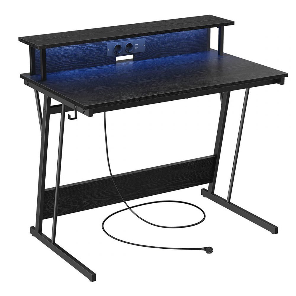 Escritorio gaming luz led, tomas de corriente, estante superior, 100 cm, 100 cm