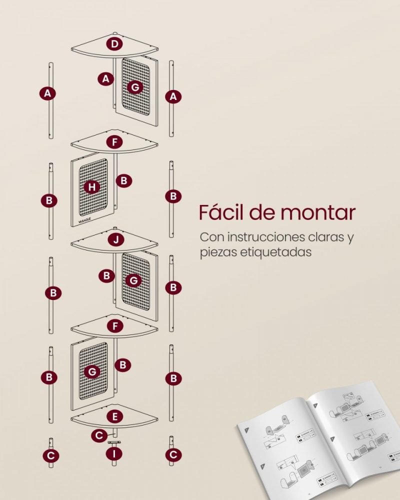 Estantería esquinera 5 niveles, diseño ratán, estructura de metal, beige roble - Imagen 8