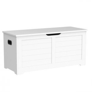 Banco de almacenaje estilo rústico con bisagras de seguridad, blanco mate