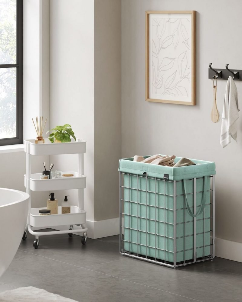 Cesto ropa sucia plegable 90l, bolsa extraíble, lavable, plata y verde menta - Imagen 3
