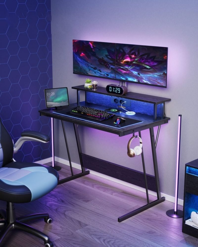 Escritorio gaming luz led, tomas de corriente, estante superior, 100 cm, 100 cm - Imagen 2