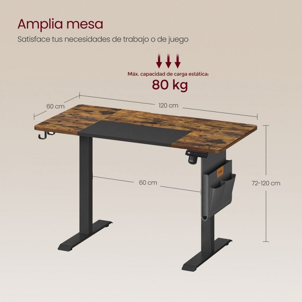 Escritorio eléctrico ajustable, memoria, bolsillo almacenamiento, marrón rústico y negro - Imagen 8