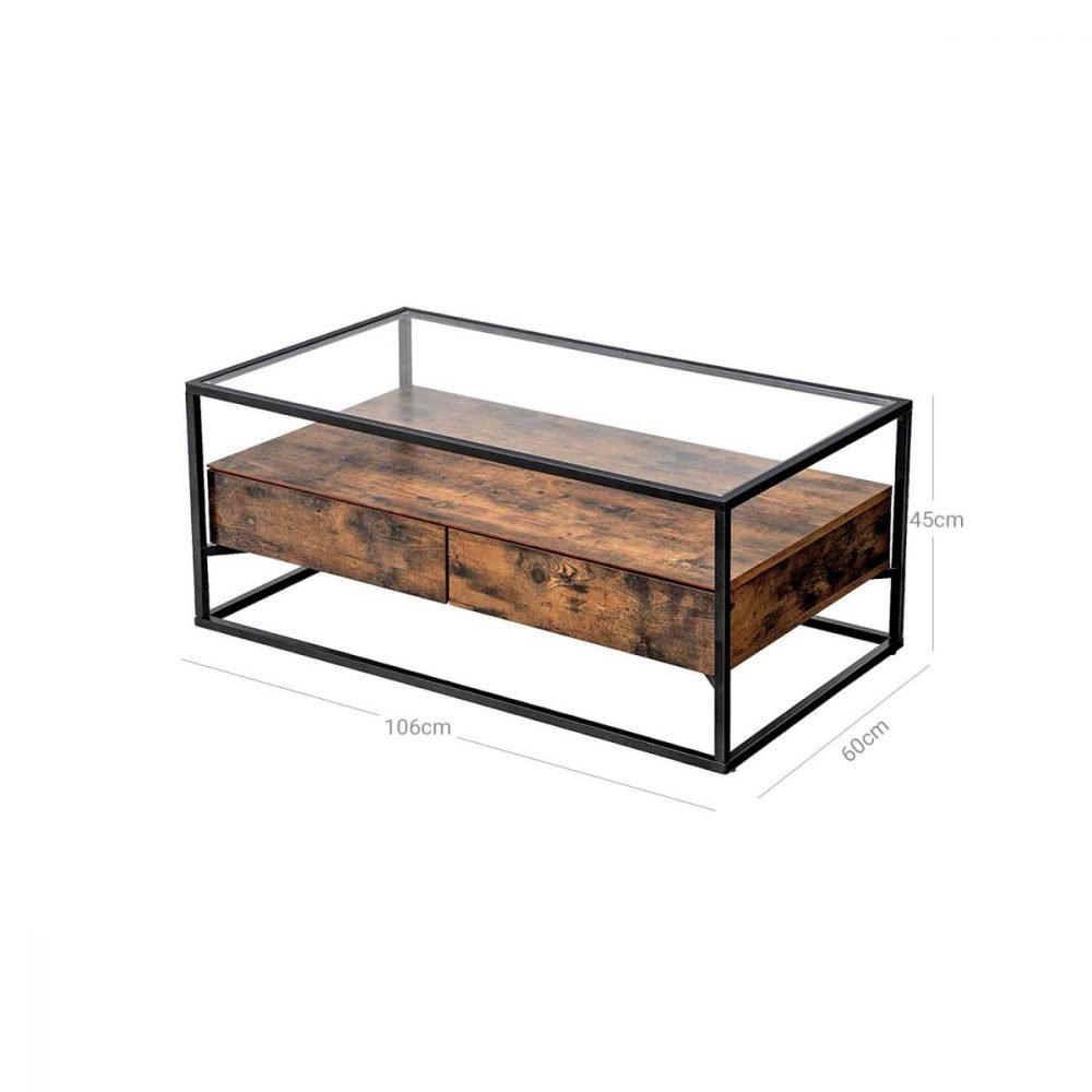 Mesa de centro estilo industrial, cristal, 2 cajones y estante - Imagen 2