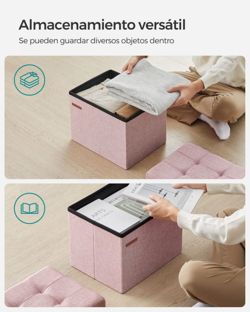 Taburete almacenaje con tapa, lino, rosa - Imagen 4