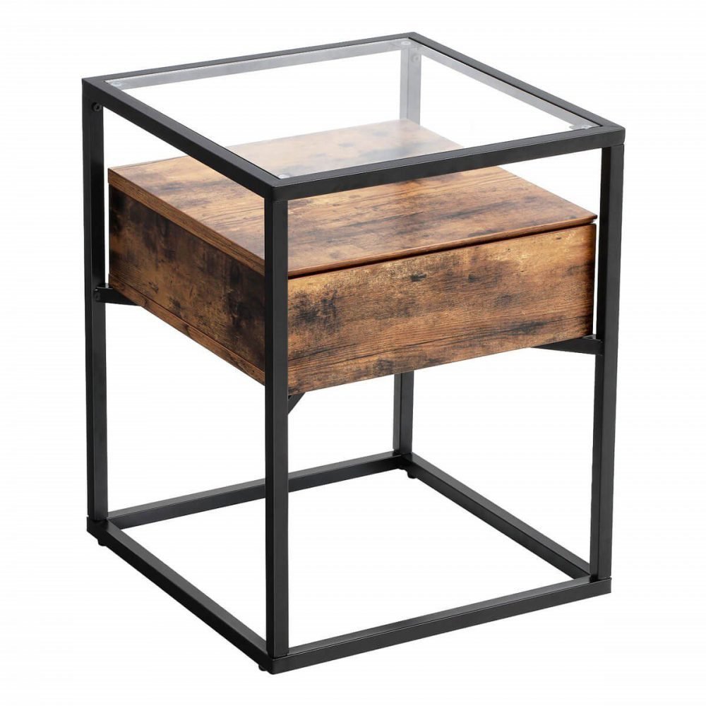 Mesa auxiliar con cristal templado, cajón y repisa, rústica
