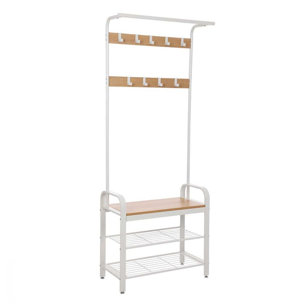 Perchero metálico con zapatero integrado, espacio de almacenaje, blanco