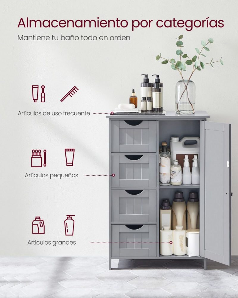 Armario baño estrecho, 4 cajones y puerta, gris paloma - Imagen 4