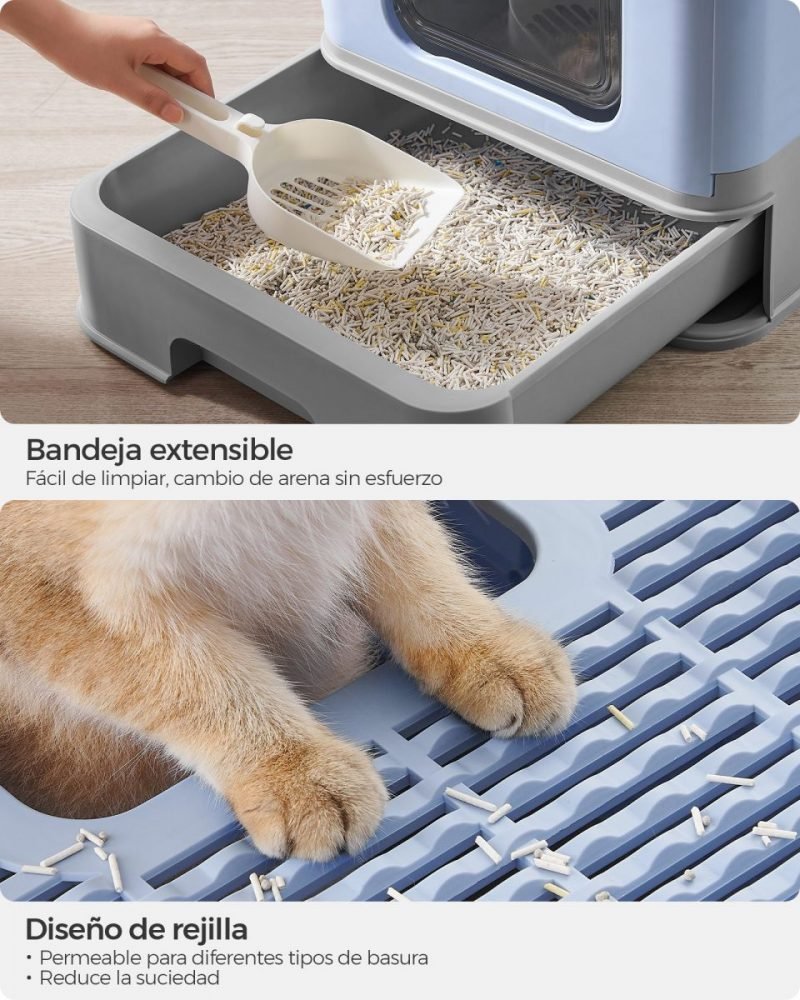 Arenero para gatos grandes con bandeja extraíble, azul pálido y gris paloma - Imagen 5