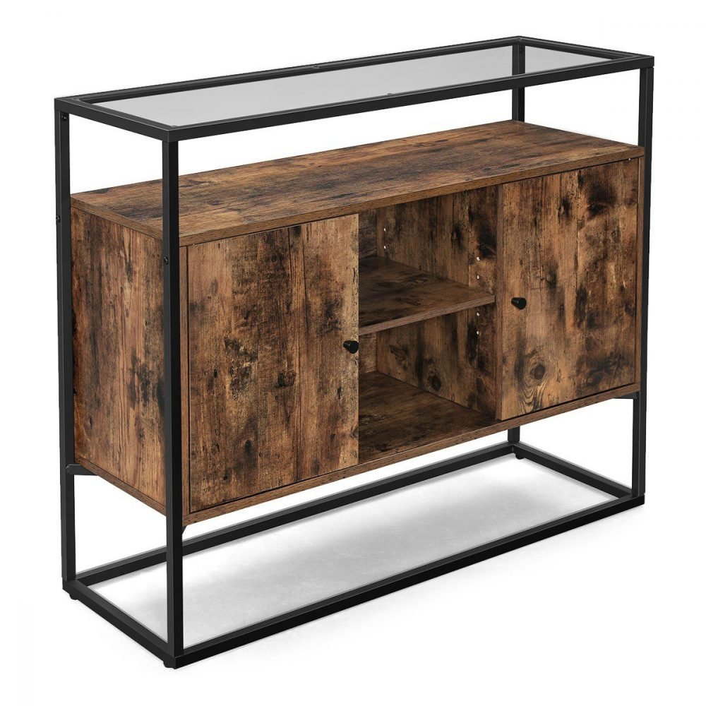 Mesa consola con cristal y compartimentos, marrón rústico - Imagen 3