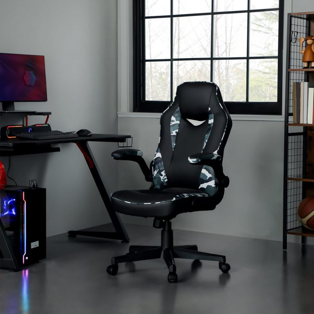Silla oficina ergonómica giratoria, reposabrazos plegables, camuflaje - Imagen 2