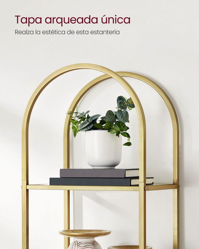Estantería 5 niveles vidrio templado, diseño arqueado, dorado - Imagen 6