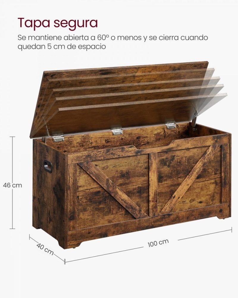 Banco almacenaje vintage, tapa bisagras seguridad, marrón rústico - Imagen 8
