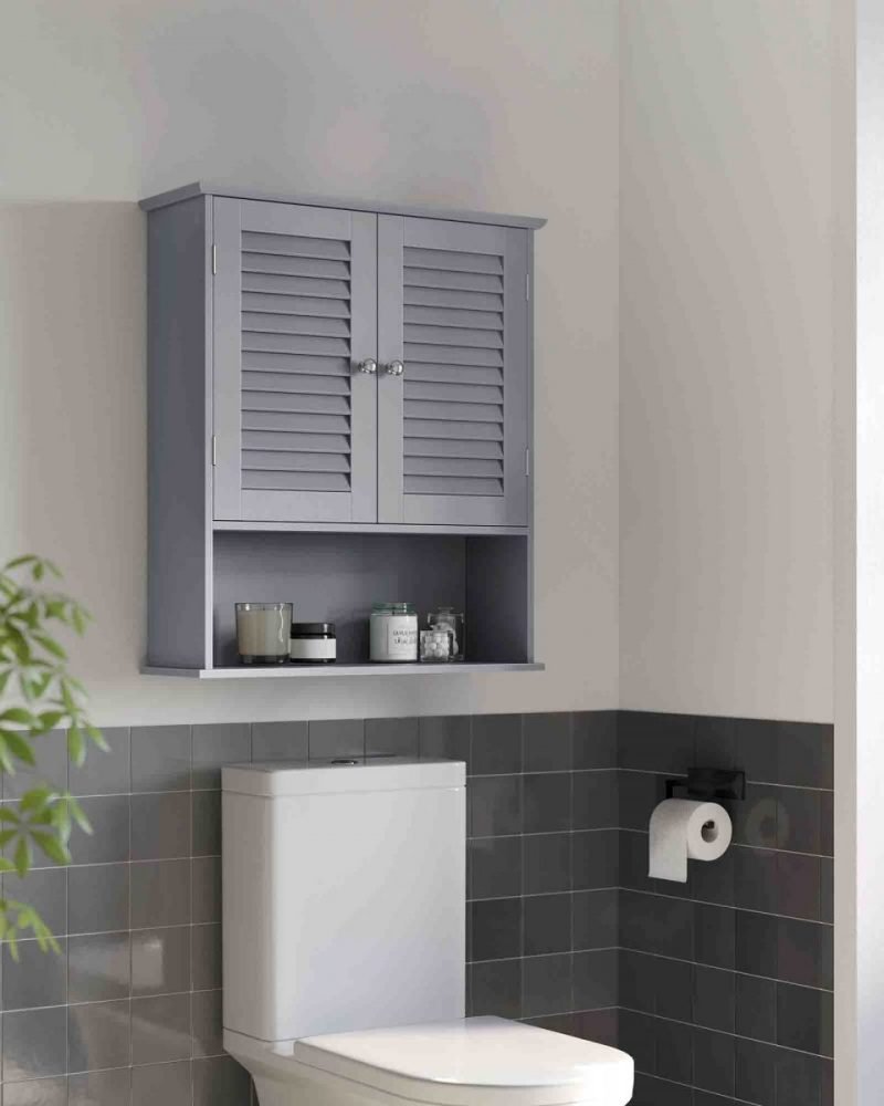 Armario colgante baño, puertas persiana, estante ajustable, gris ahumado - Imagen 2