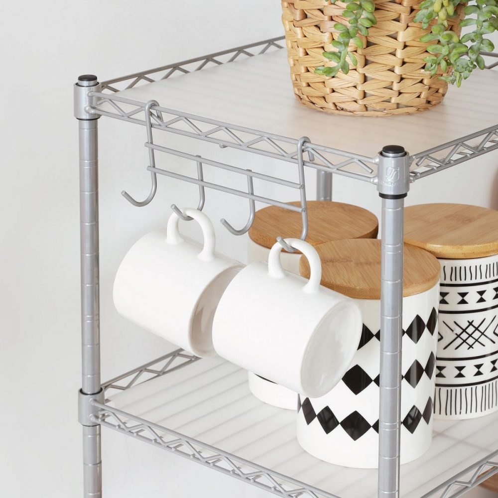 Estantería baño metal expandible, 5 estantes, ganchos, plata - Imagen 6