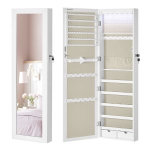 Espejo joyero con armario y luz led, montaje puerta o pared, blanco