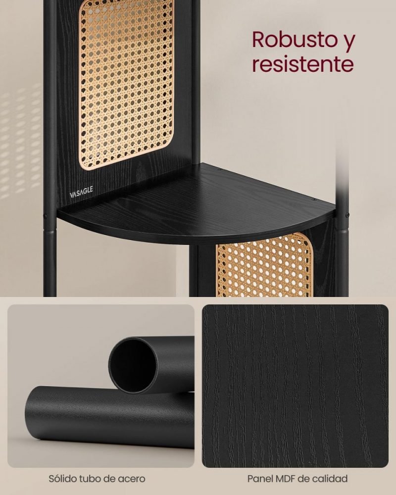 Estantería esquinera 5 niveles, diseño ratán, estructura de metal, negro ébano - Imagen 5