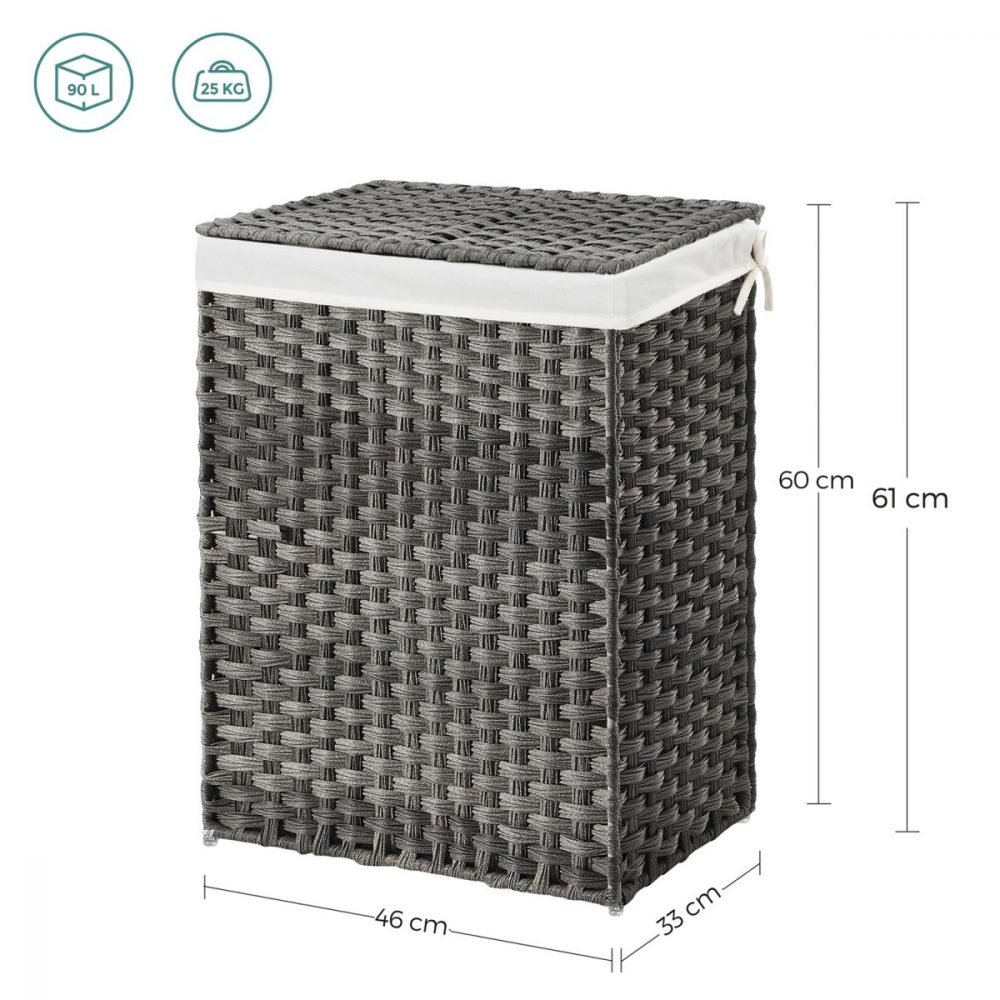 Cesto de ropa sucia tejido a mano 90l, ratán sintético, gris - Imagen 7