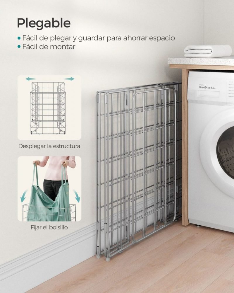 Cesto ropa sucia plegable 90l, bolsa extraíble, lavable, plata y verde menta - Imagen 6